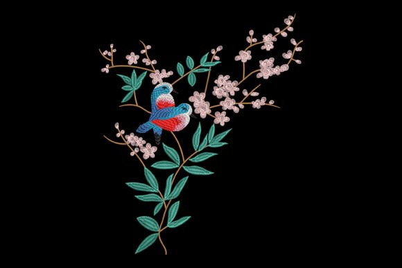 Spring Bird and Floral Embroidery Design